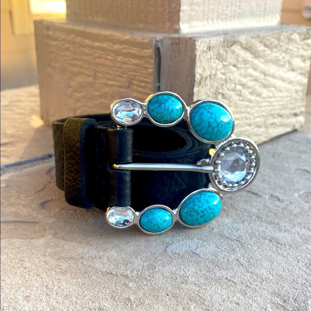 Leatherock Black Leather Belt with Turquoise Stones and Crystal Accents